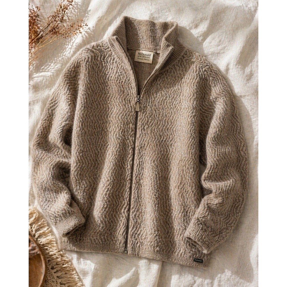 McDonald New Zealand Possum Merino Full Zip Sweater Jacket Taupe Textured Medium